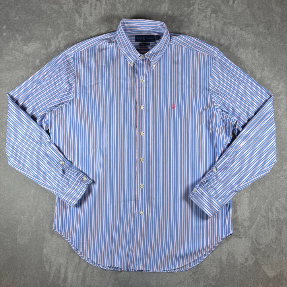 Ralph Lauren Mens Large Classic Fit Blue Pink Yellow Stripe Cotton Button Down